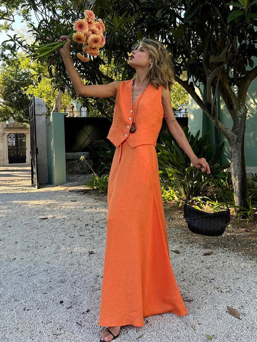 Linen Sunset Yelek Etek Takım