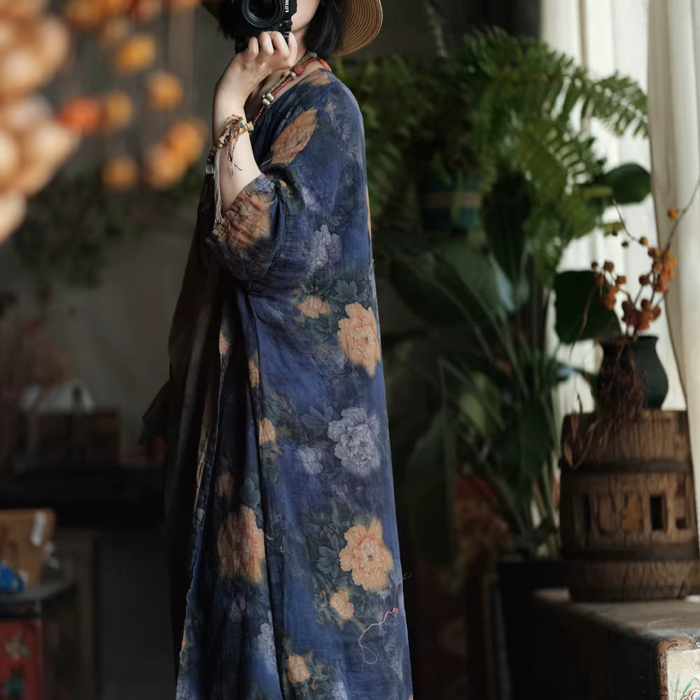 Vintage Blue Garden Pamuk Uzun Gömlek 4
