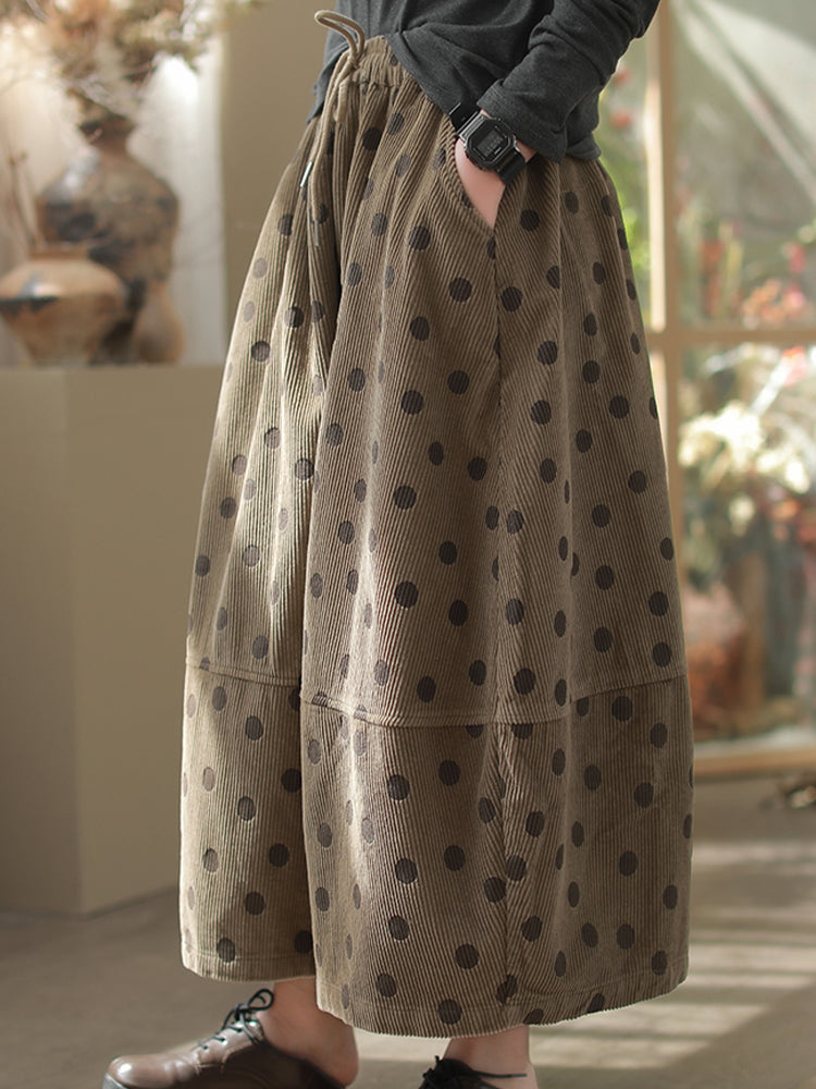 Vintage Puantiyeli Kadife Maxi Etek