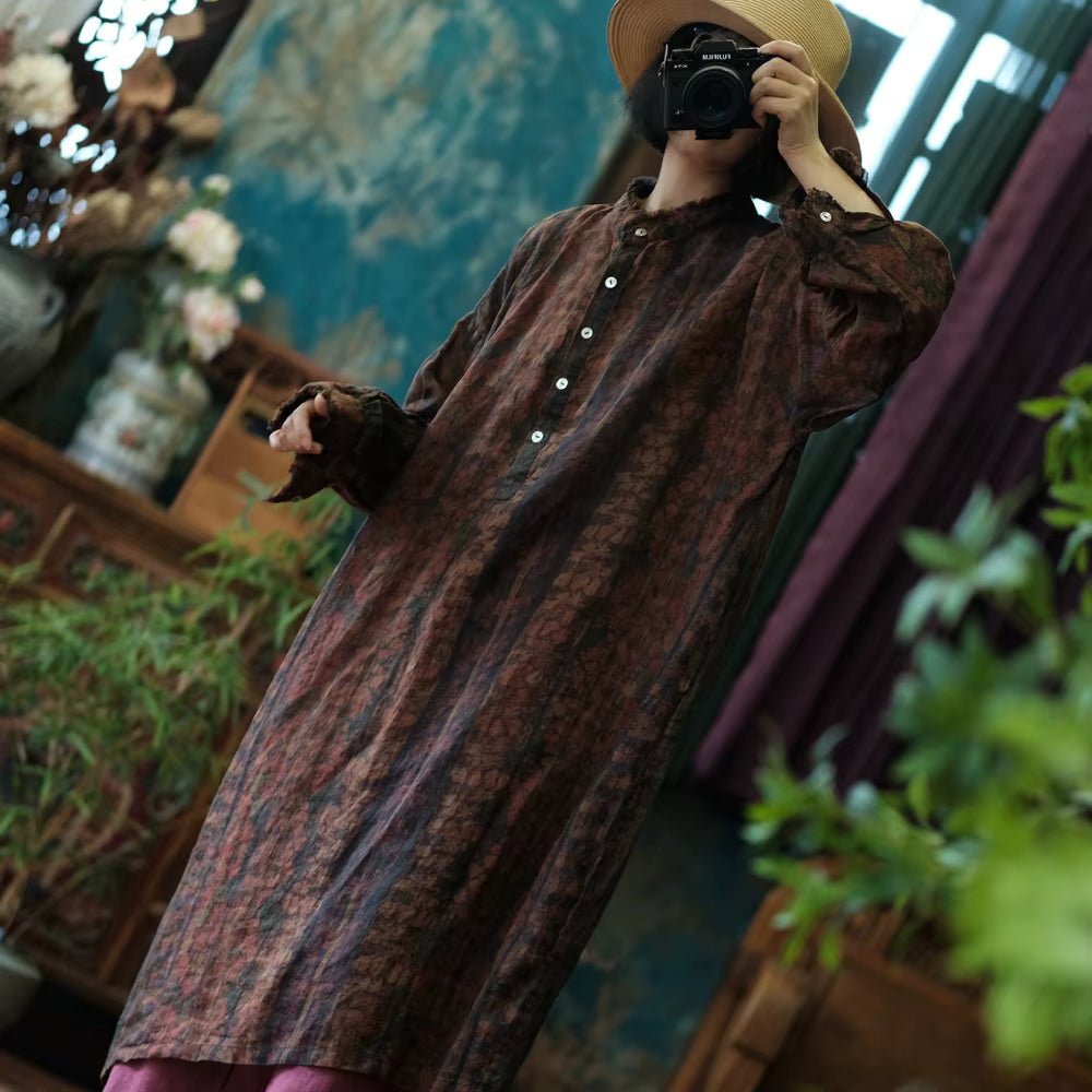 Ember Vintage Çiçekli Keten Elbise