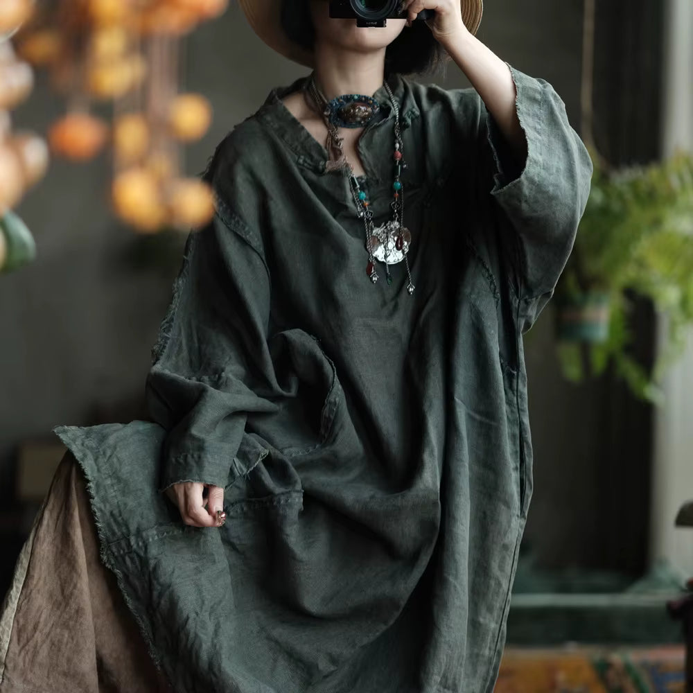 Shadow Moss Oversize Keten Elbise - 2