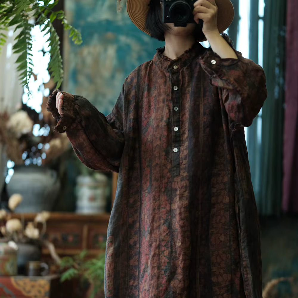 Ember Vintage Çiçekli Keten Elbise
