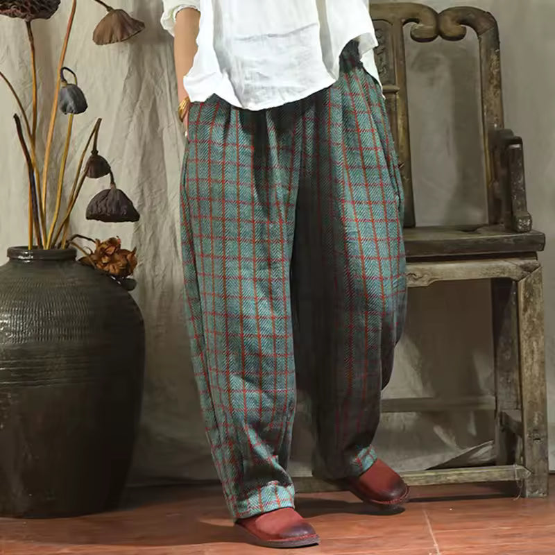 Vintage Ekose Keten Pantolon