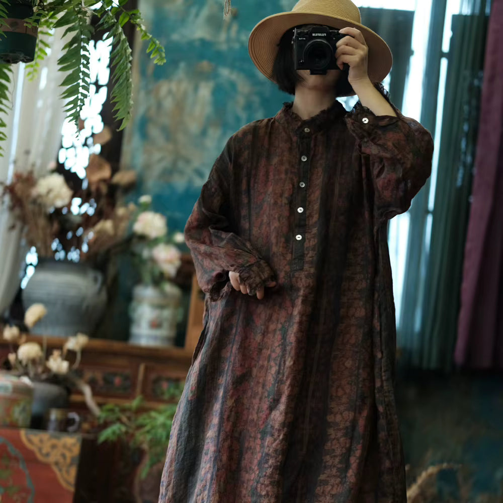 Ember Vintage Çiçekli Keten Elbise