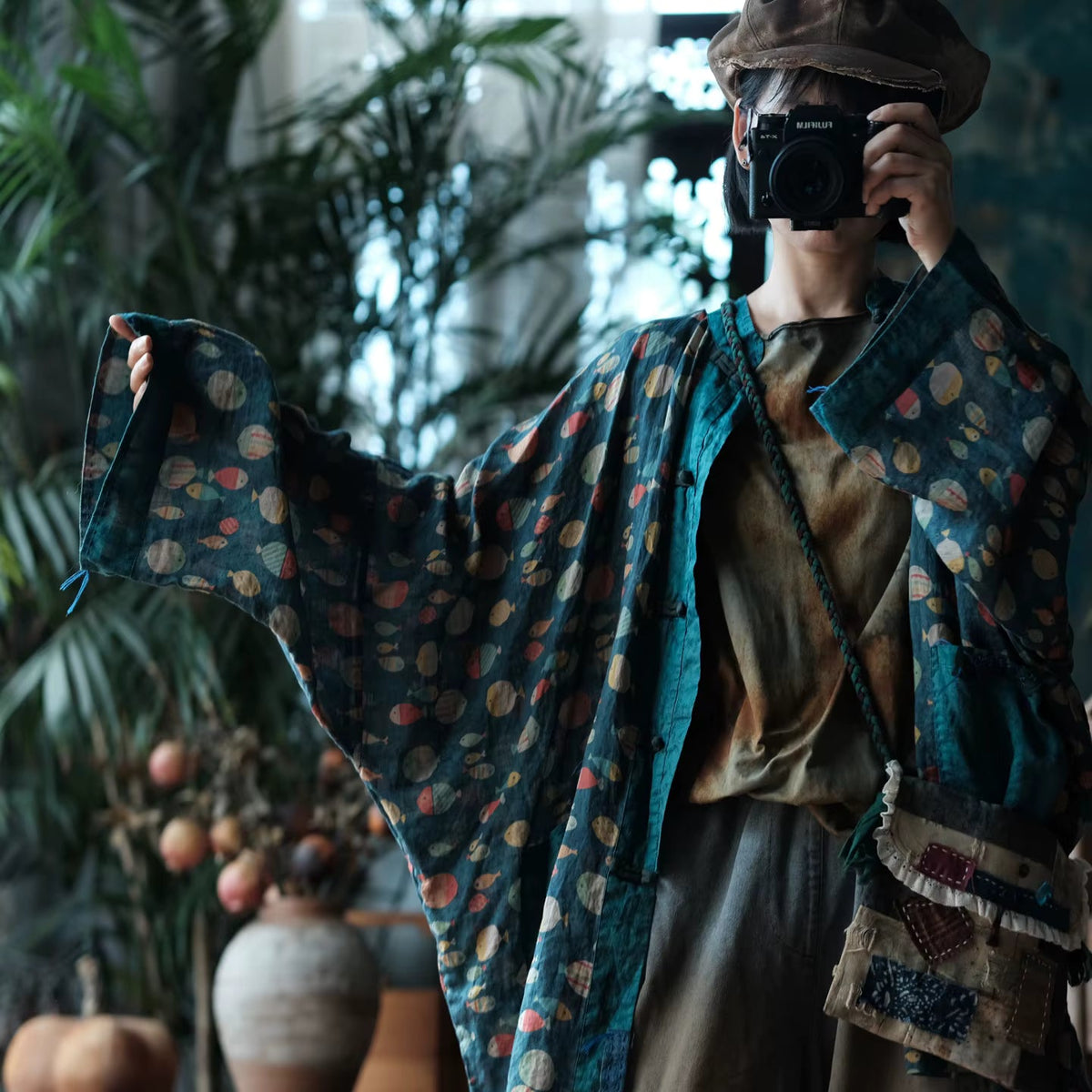 Indigo Balık Baskılı Rami Kimono