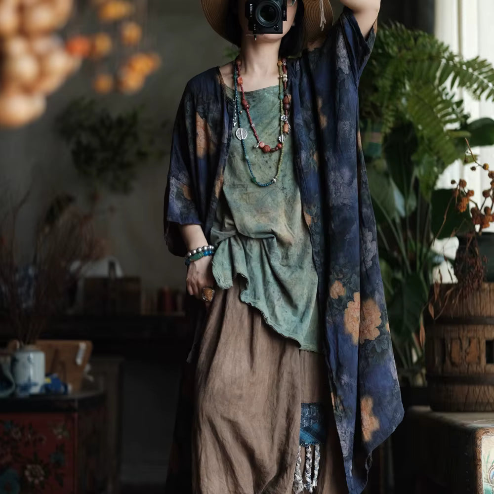 Vintage Blue Garden Pamuk Uzun Gömlek 2