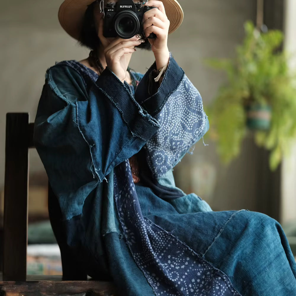 Vintage Blue Garden Patchwork Pamuk Elbise 6
