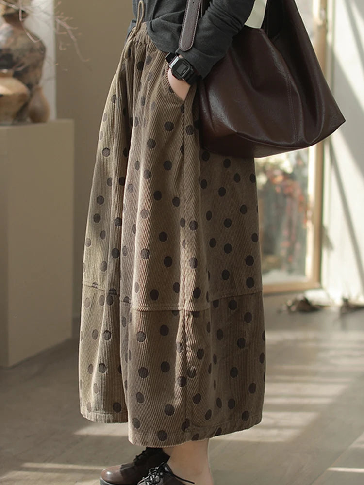 Vintage Puantiyeli Kadife Maxi Etek