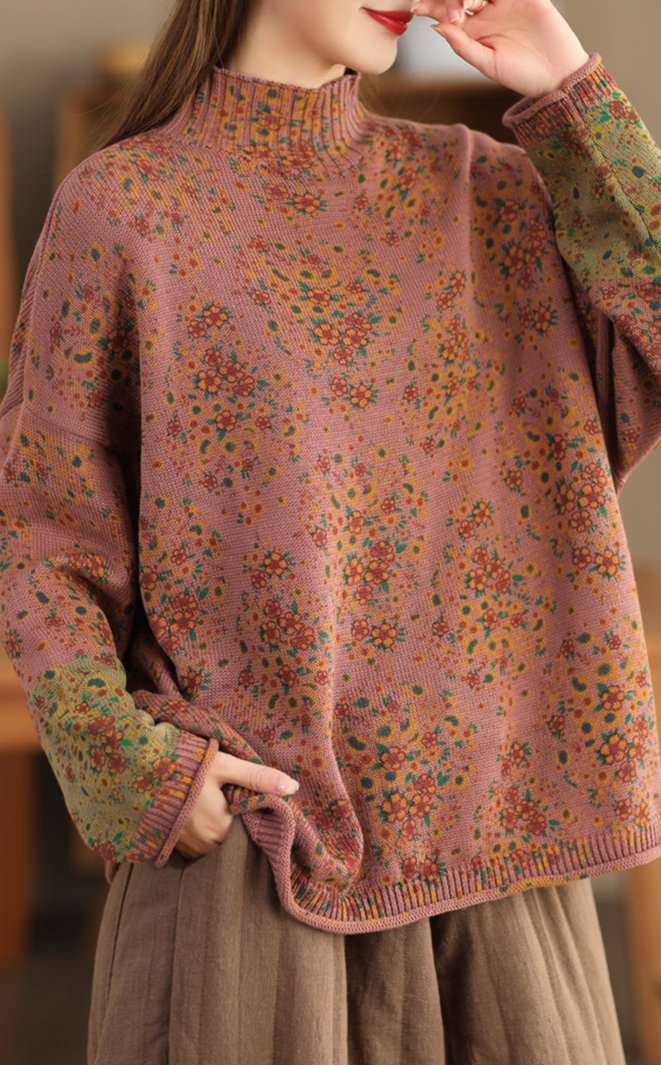 Vintage Çiçek Desenli Balıkçı Yaka Triko
