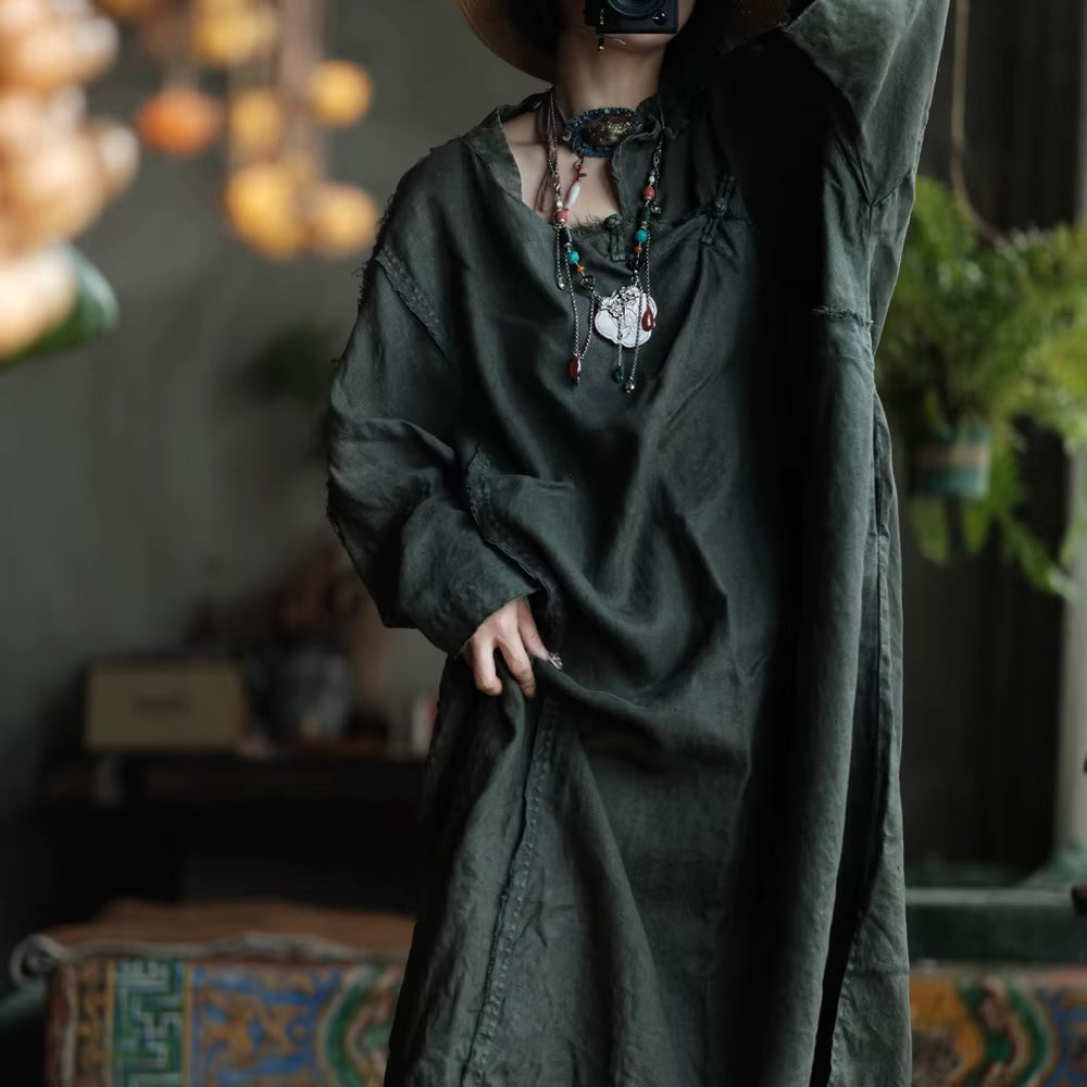 Shadow Moss Oversize Keten Elbise - 3