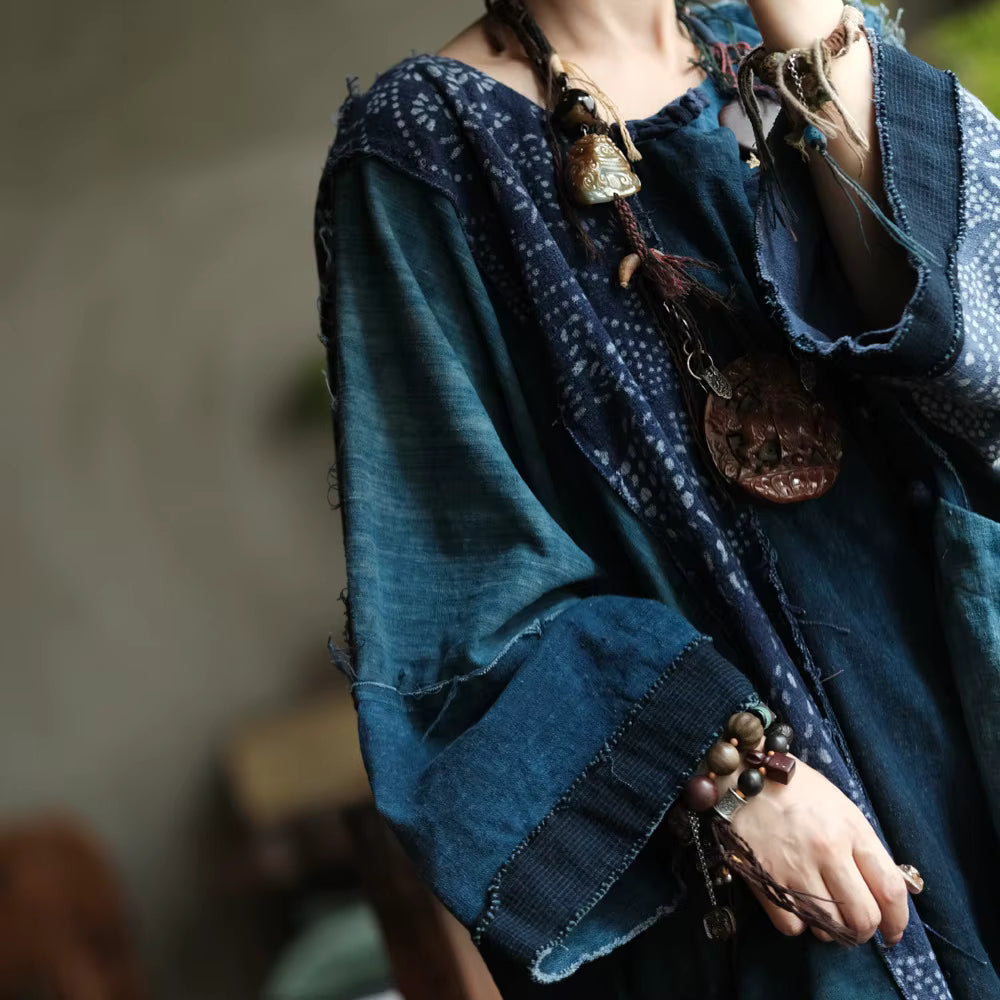 Vintage Blue Garden Patchwork Pamuk Elbise 5