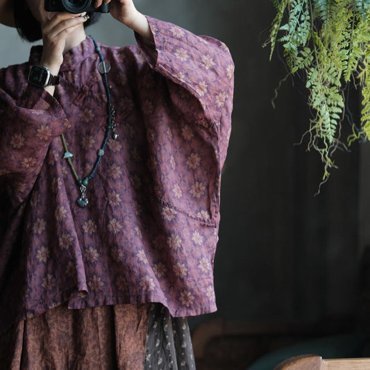 Vintage Floral Ramie Batwing Blouse – görsel 1