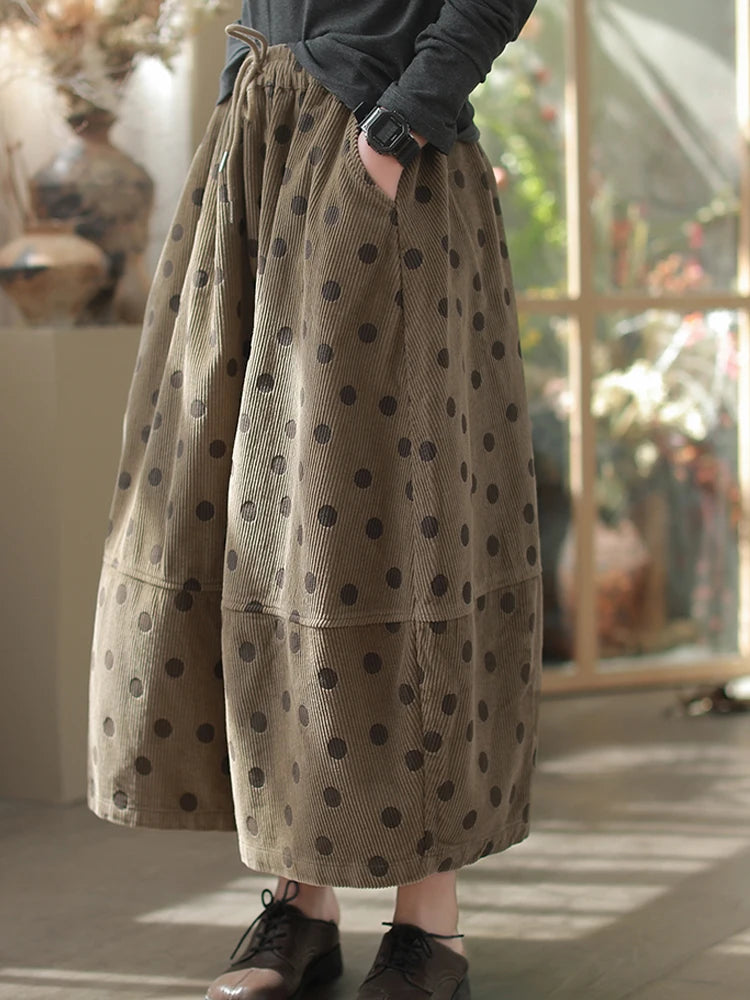 Vintage Puantiyeli Kadife Maxi Etek