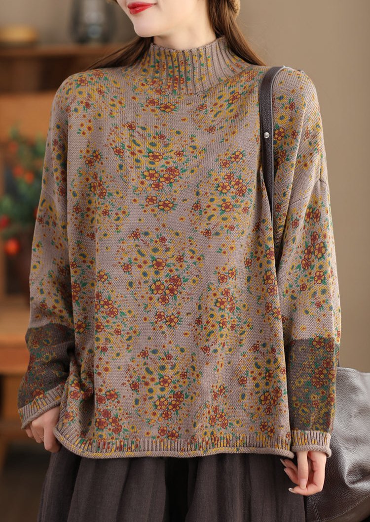Vintage Çiçek Desenli Balıkçı Yaka Triko