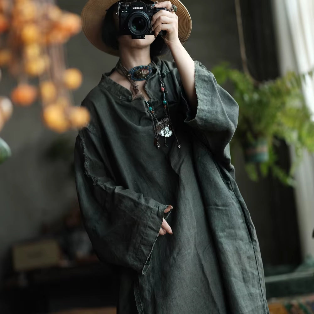 Shadow Moss Oversize Keten Elbise - 9