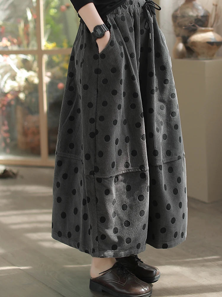 Vintage Puantiyeli Kadife Maxi Etek