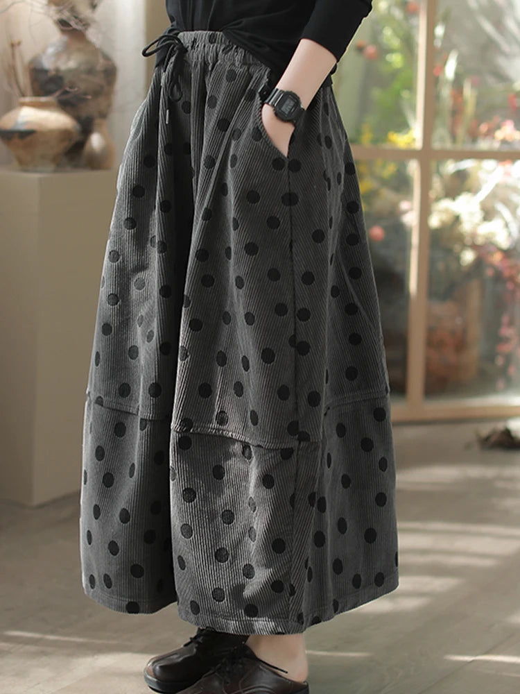 Vintage Puantiyeli Kadife Maxi Etek