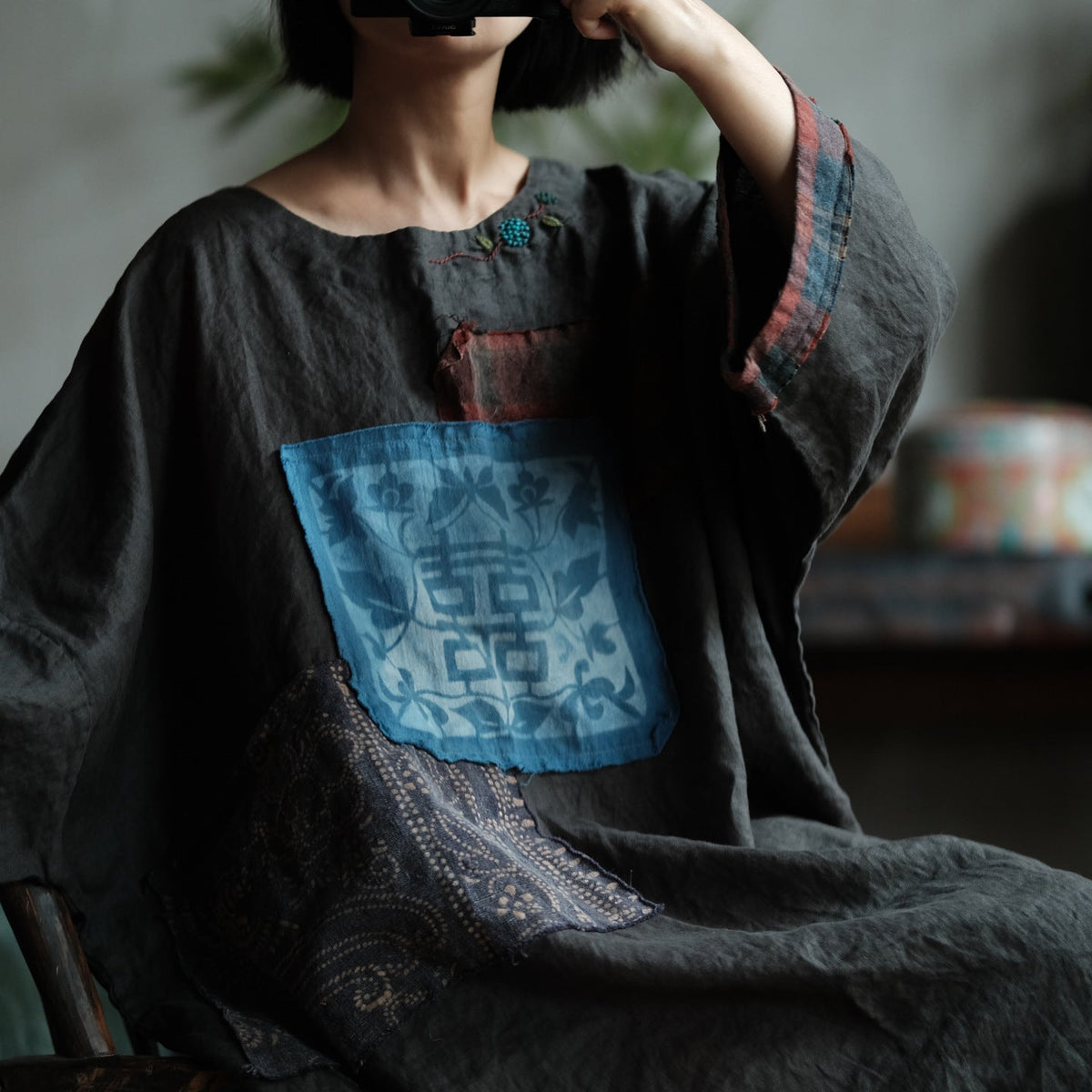 Indigo Relic Patchwork Keten Elbise