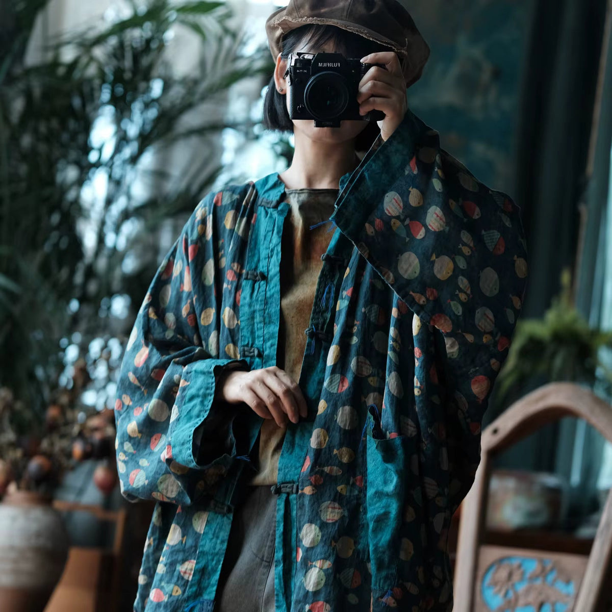 Indigo Balık Baskılı Rami Kimono - 11