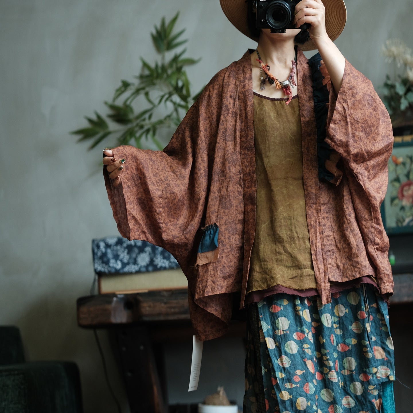 Vintage Fish Print Ramie Wide Leg Pants – görsel 6