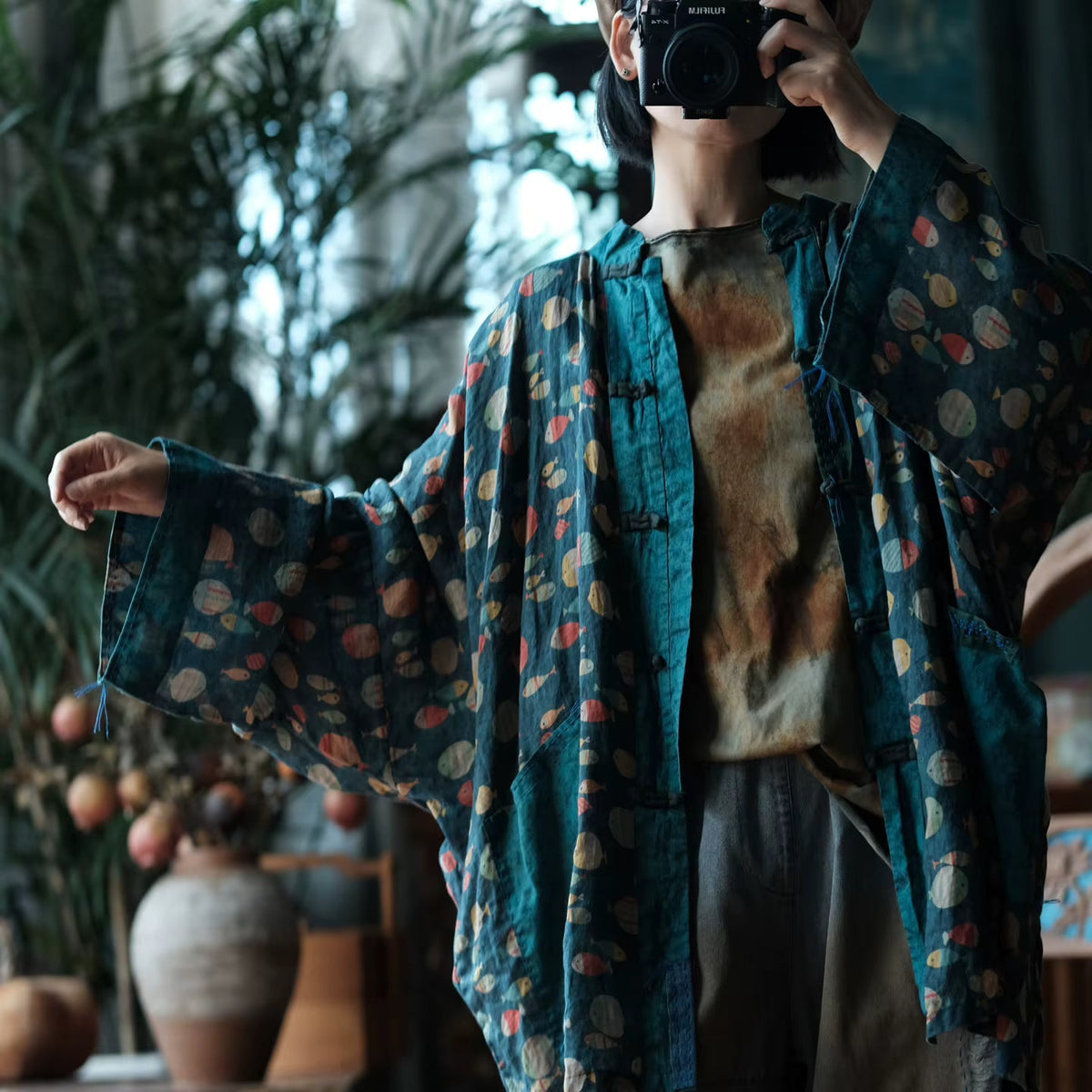 Indigo Balık Baskılı Rami Kimono - 4
