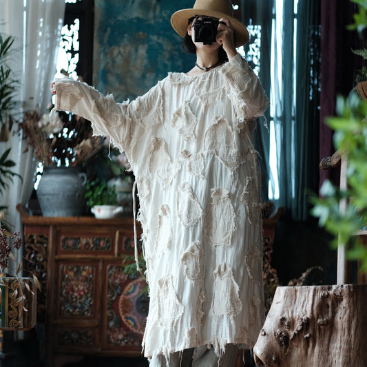 Ekru Patchwork Tunik Elbise