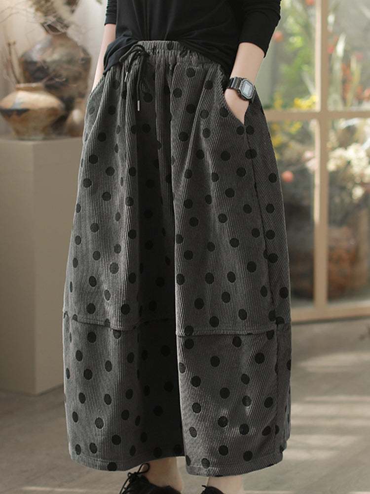 Vintage Puantiyeli Kadife Maxi Etek