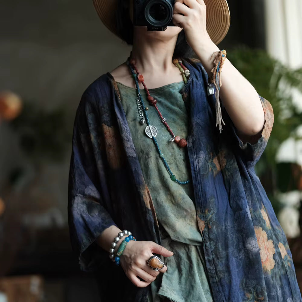 Vintage Blue Garden Pamuk Uzun Gömlek
