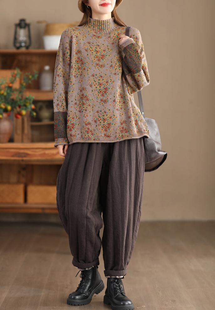 Vintage Çiçek Desenli Balıkçı Yaka Triko