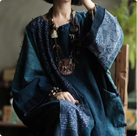 Vintage Blue Garden Patchwork Pamuk Elbise 3