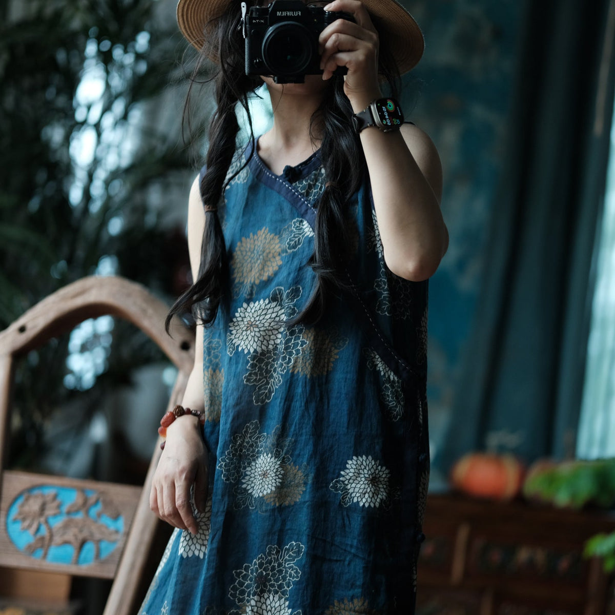 Blue Reverie Çiçek Desenli Pamuk Midi Elbise