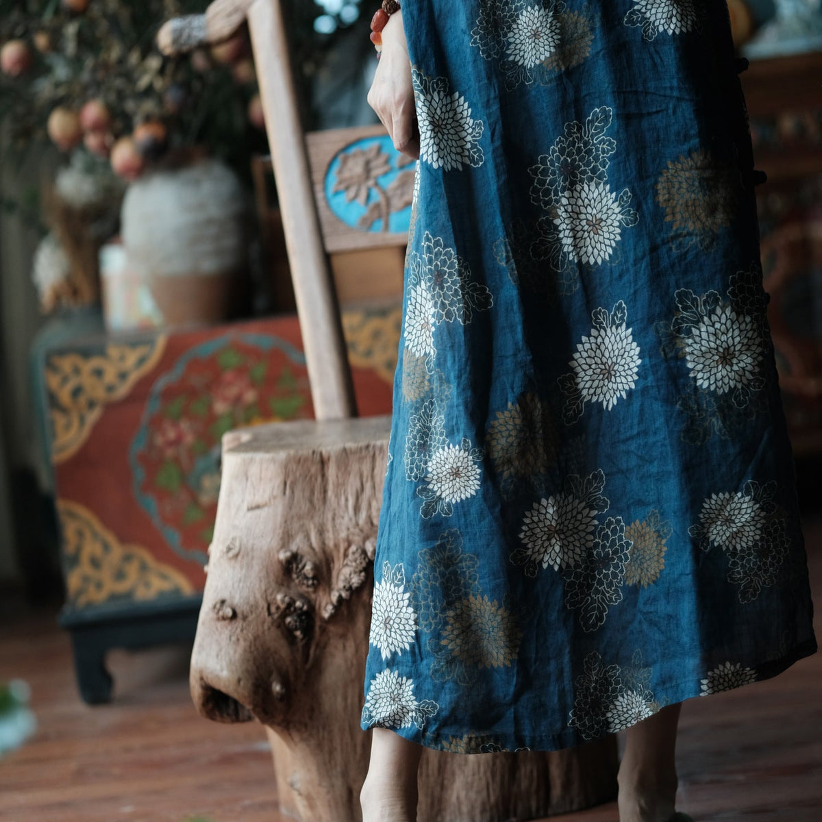 Blue Reverie Çiçek Desenli Pamuk Midi Elbise