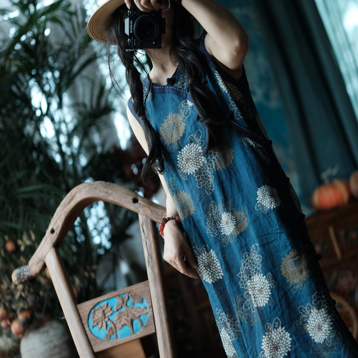 Blue Reverie Çiçek Desenli Pamuk Midi Elbise