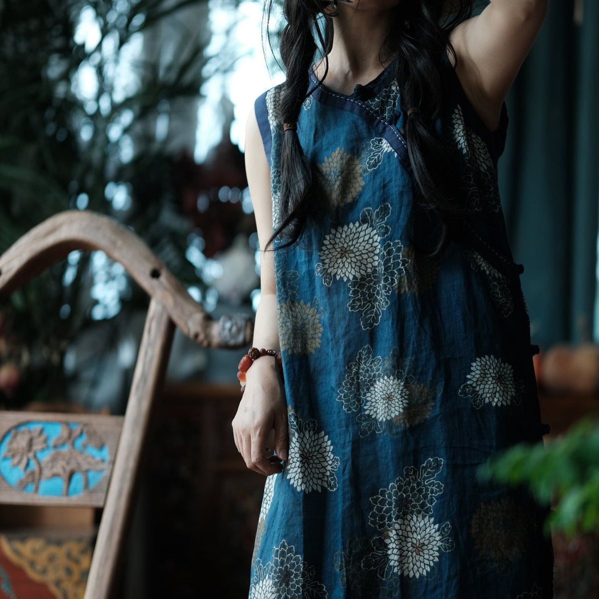 Blue Reverie Çiçek Desenli Pamuk Midi Elbise