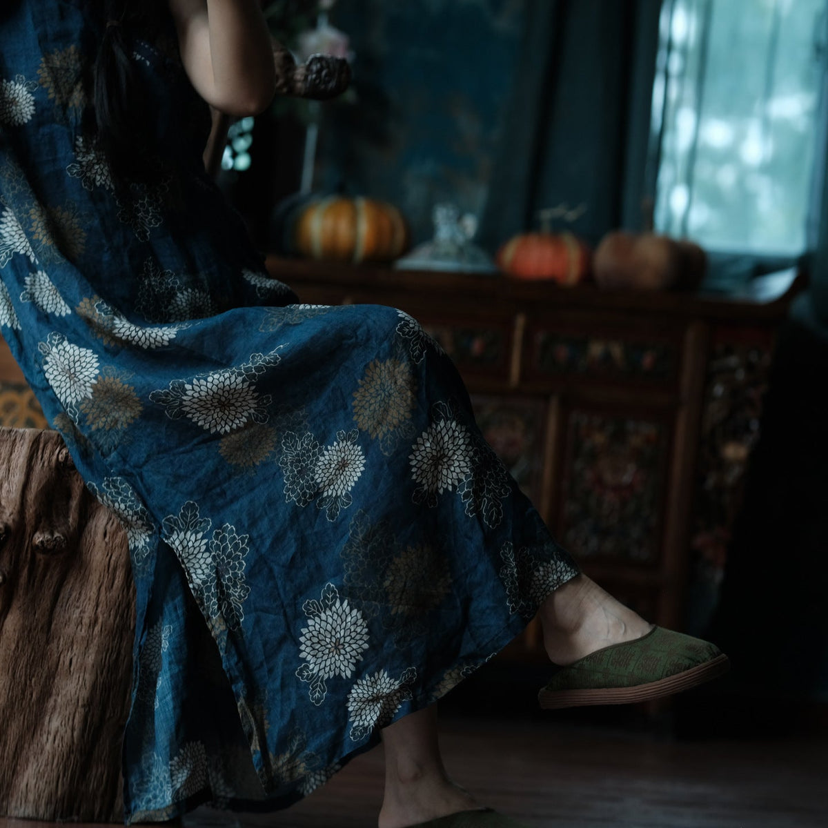 Blue Reverie Çiçek Desenli Pamuk Midi Elbise