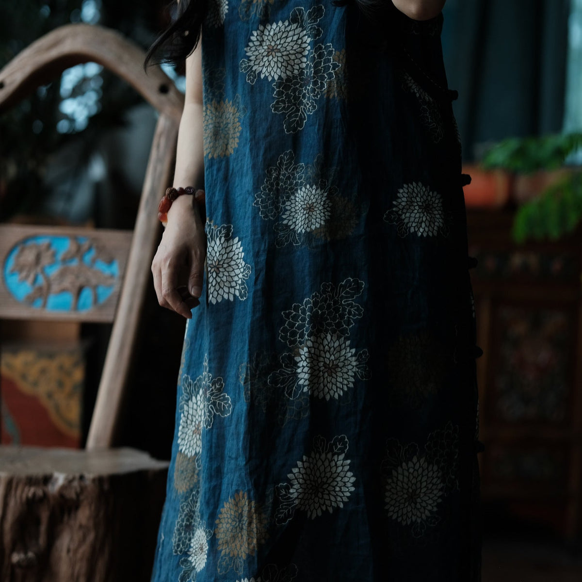 Blue Reverie Çiçek Desenli Pamuk Midi Elbise