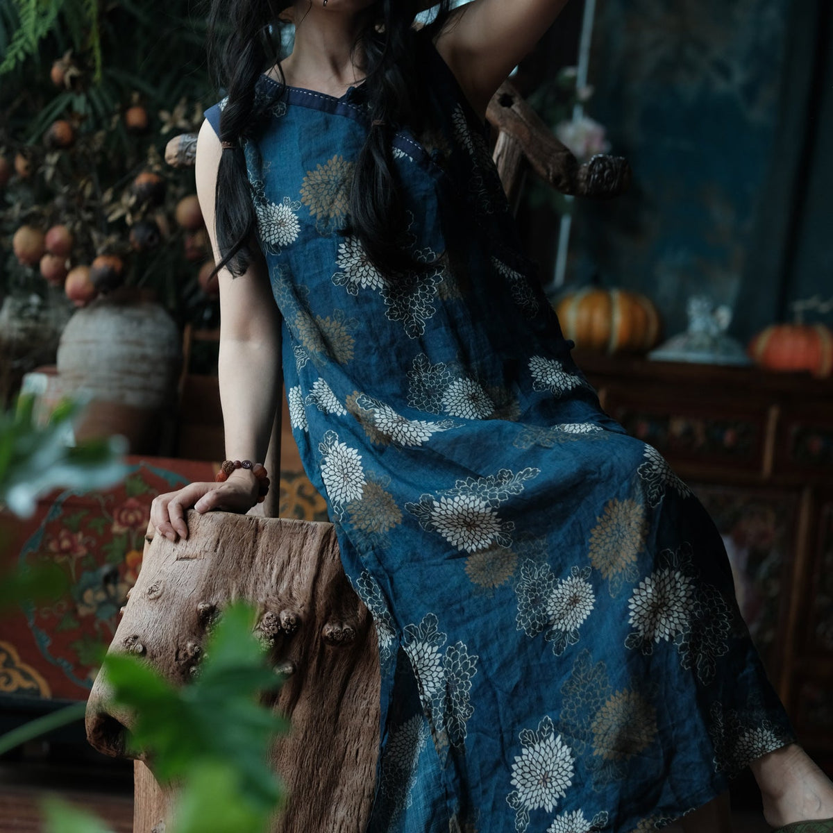 Blue Reverie Çiçek Desenli Pamuk Midi Elbise