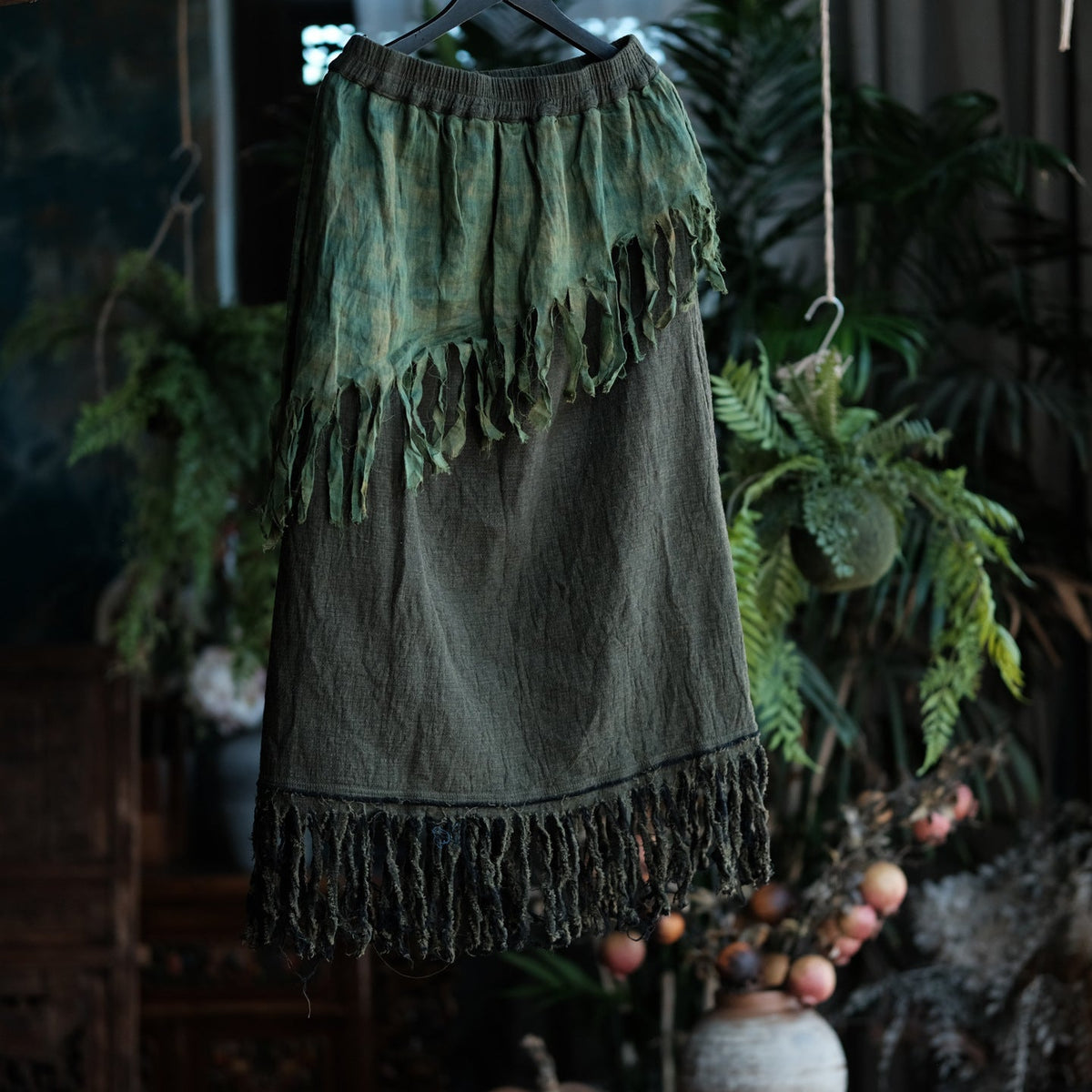 Charcoal Moss Nomad Püsküllü Pamuk-Keten Midi Etek