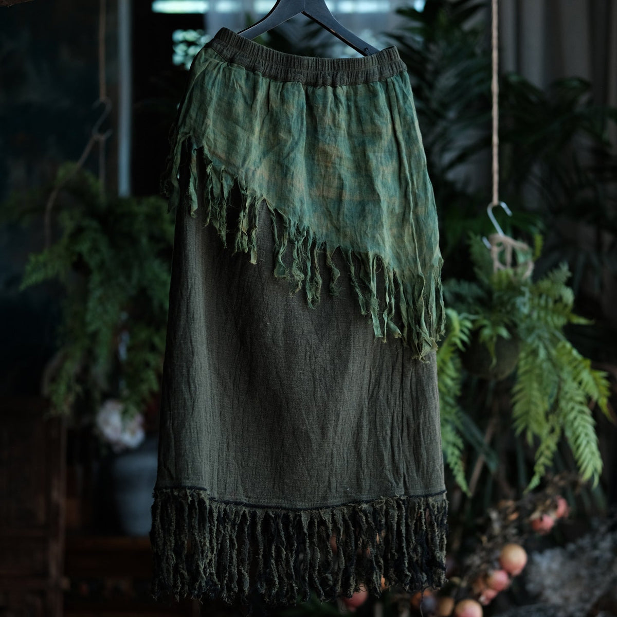 Charcoal Moss Nomad Püsküllü Pamuk-Keten Midi Etek