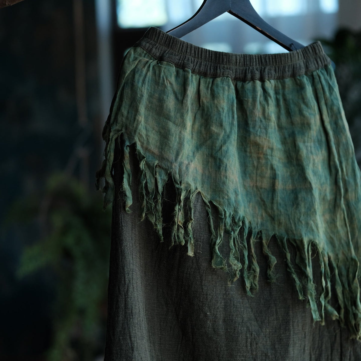 Charcoal Moss Nomad Püsküllü Pamuk-Keten Midi Etek
