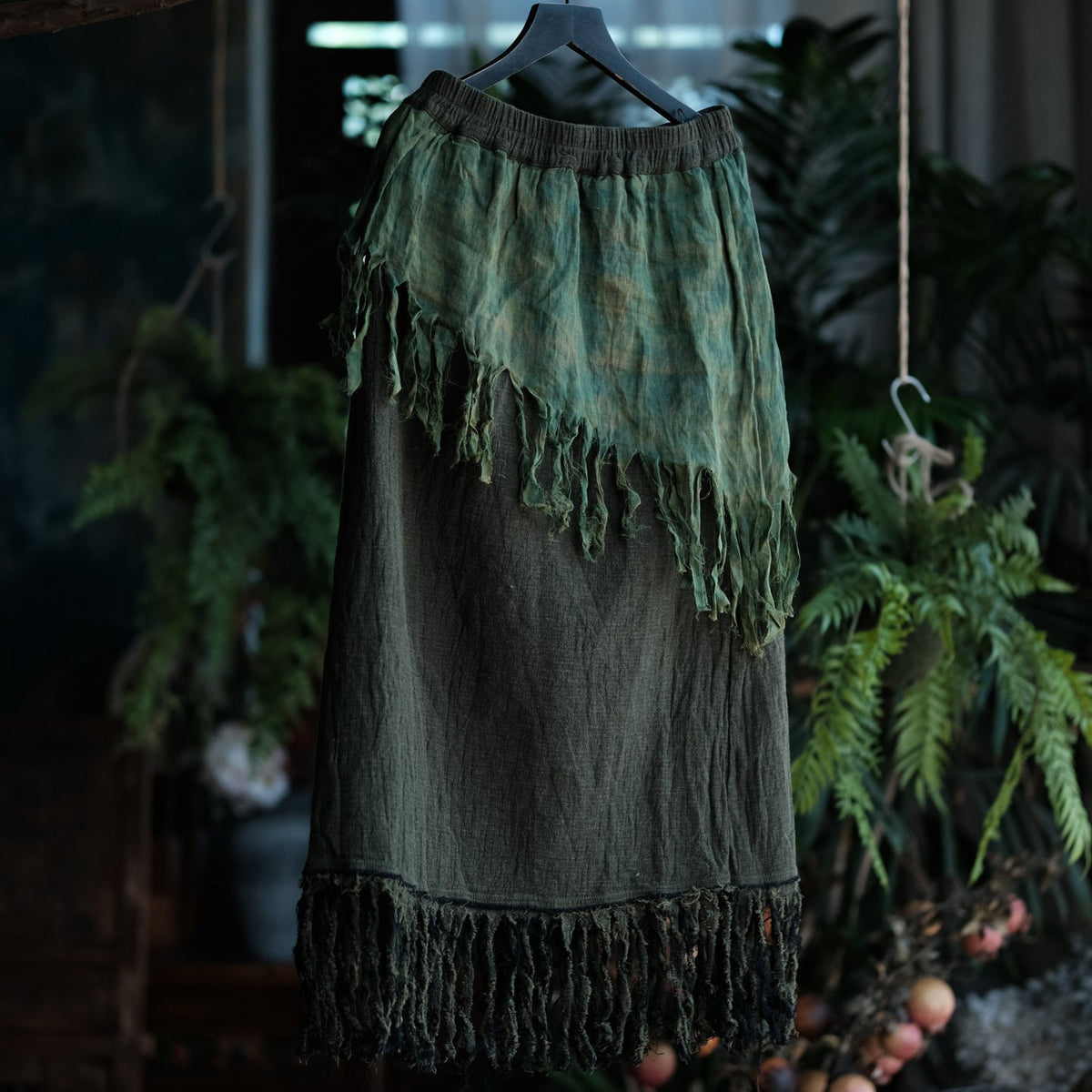 Charcoal Moss Nomad Püsküllü Pamuk-Keten Midi Etek