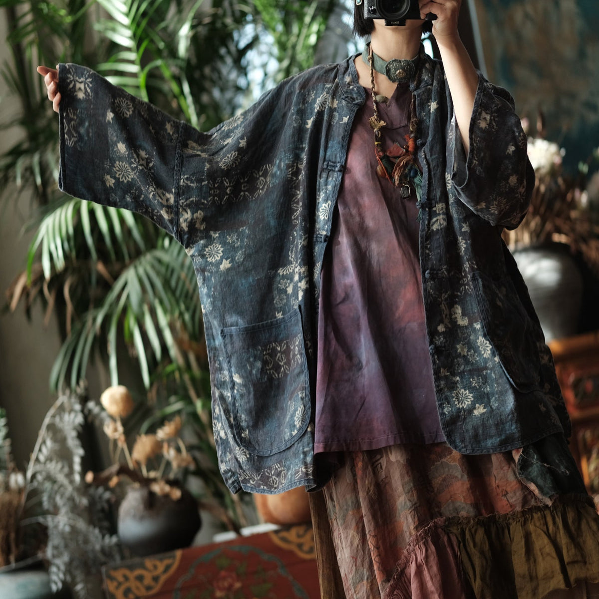 Indigo Garden Keten Kimono Ceket