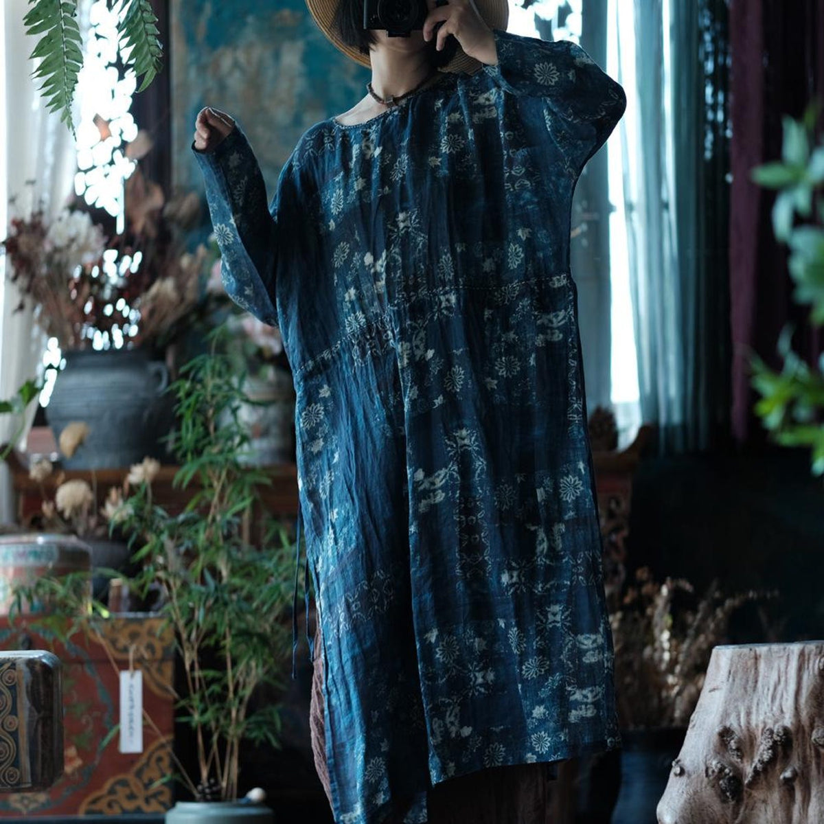 Indigo Nocturne Çiçekli Keten Kaftan Elbise 1