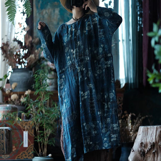 Indigo Nocturne Çiçekli Keten Kaftan Elbise 1