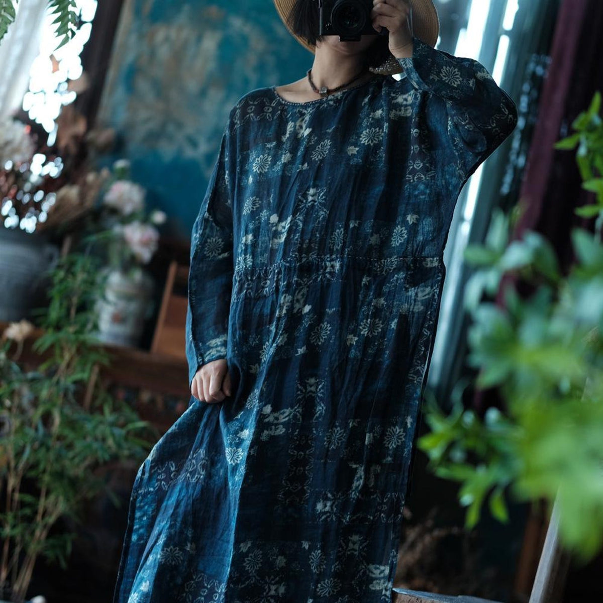Indigo Nocturne Çiçekli Keten Kaftan Elbise 10