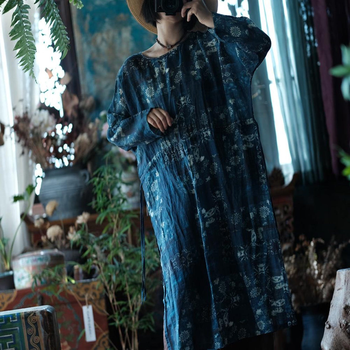 Indigo Nocturne Çiçekli Keten Kaftan Elbise 2