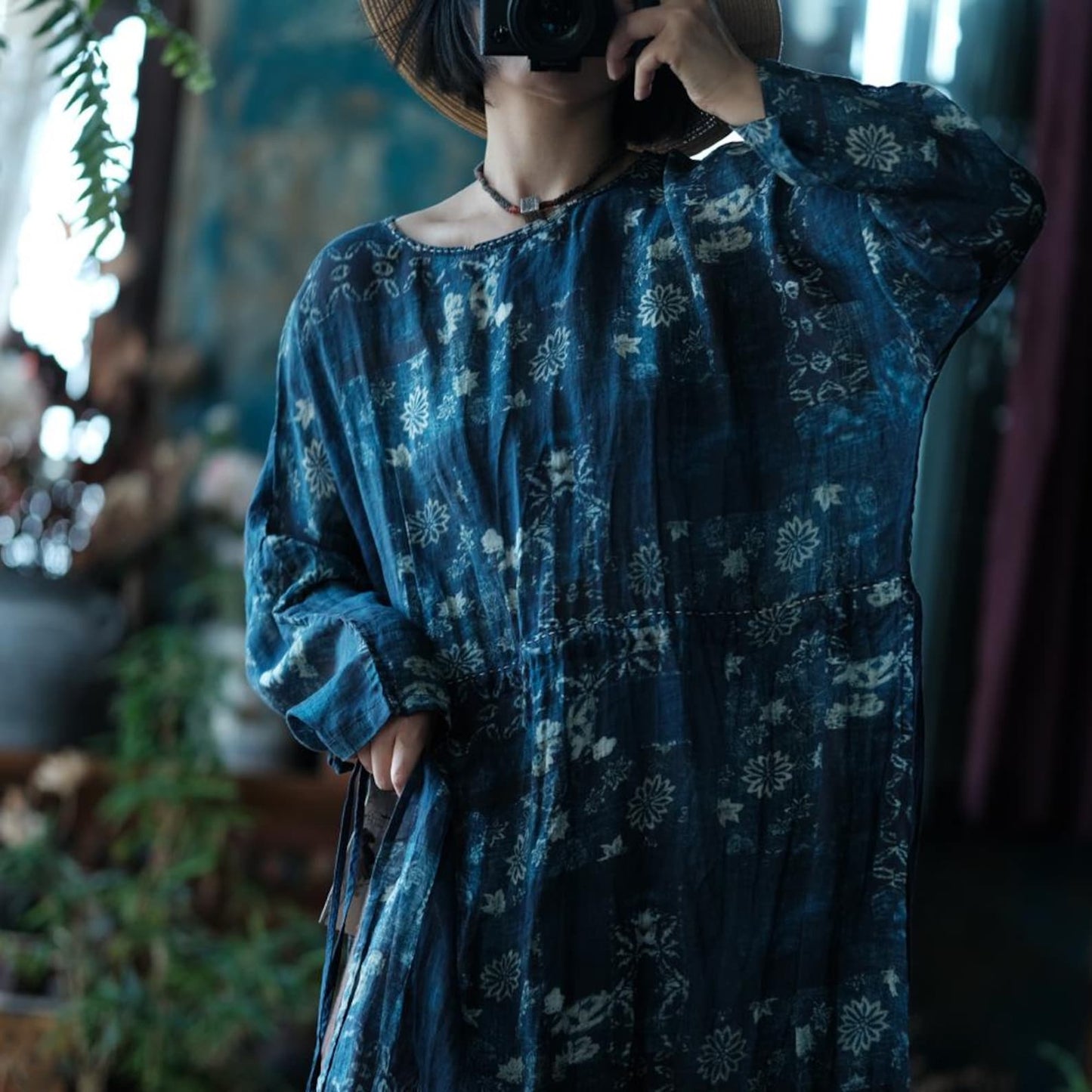 Indigo Nocturne Çiçekli Keten Kaftan Elbise 3