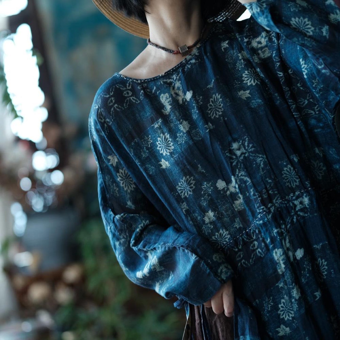 Indigo Nocturne Çiçekli Keten Kaftan Elbise 5