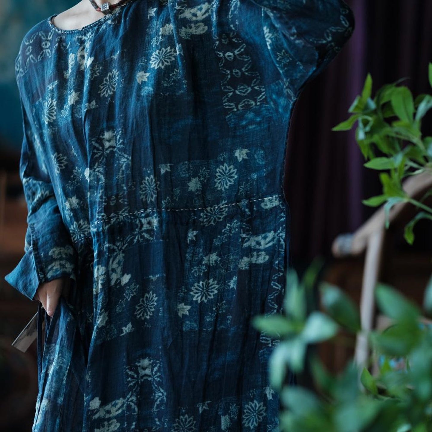 Indigo Nocturne Çiçekli Keten Kaftan Elbise 6