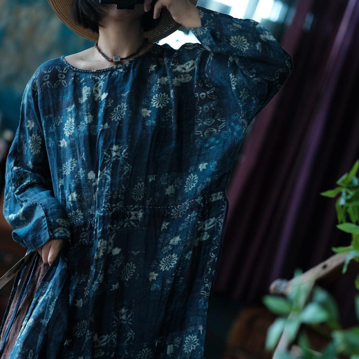 Indigo Nocturne Çiçekli Keten Kaftan Elbise 7